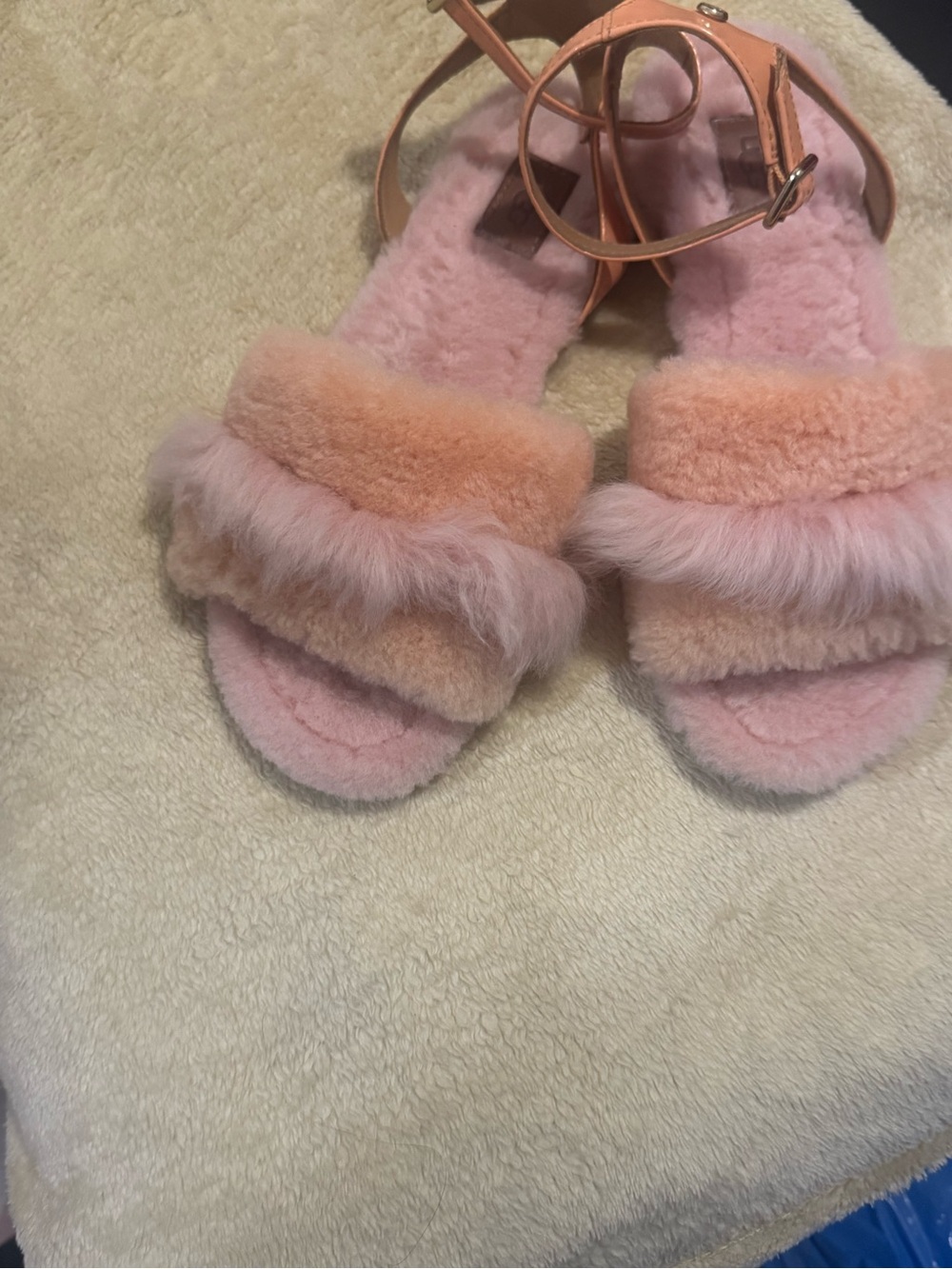 UGG Pink Faux Fur Slide Sandals with Ankle Strap